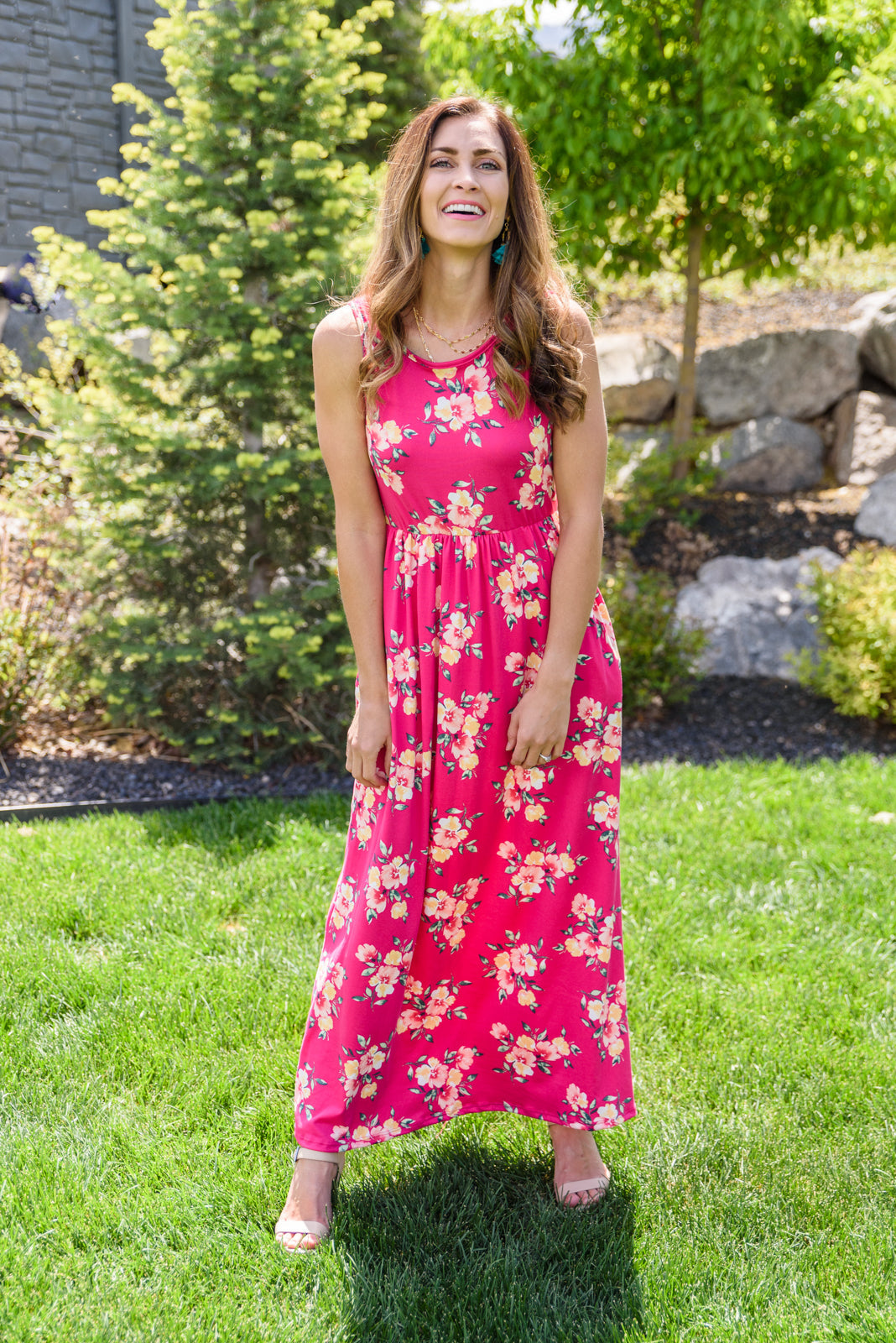 Loft Party Smocked Floral Jumpsuit in Hot Pink