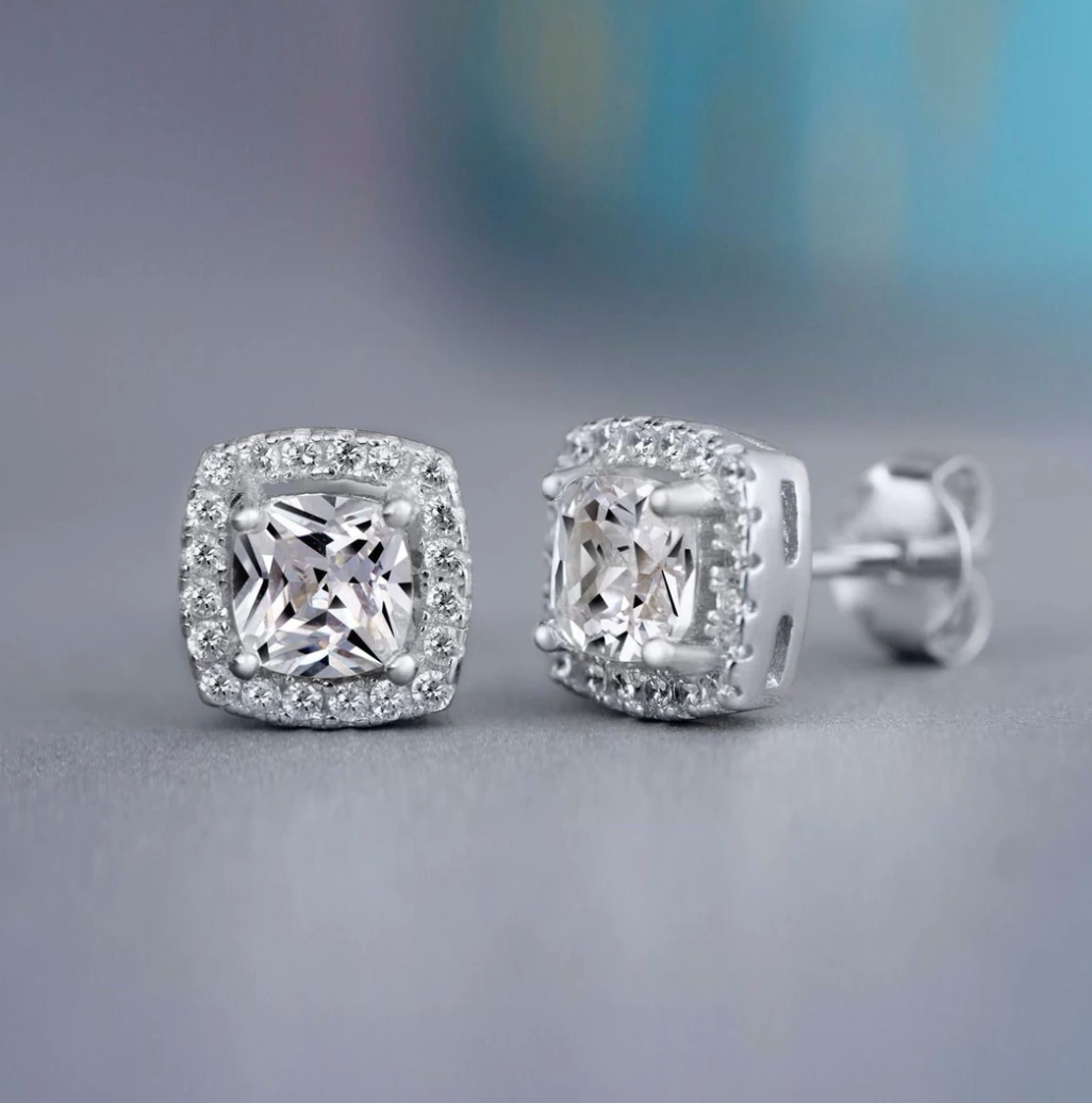 Princess Cut Studs in Silver