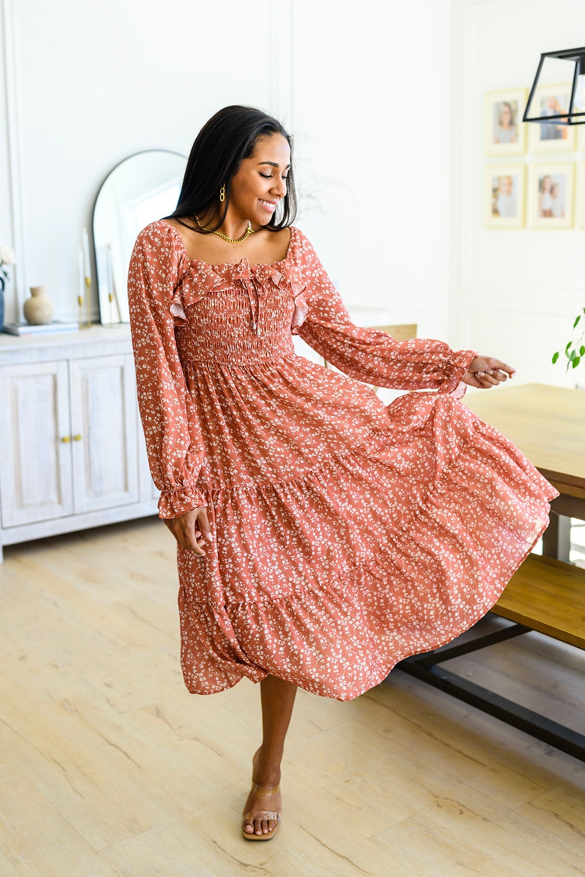 Now Is Your Chance Floral Midi Dress In Rust - Small Now Is Your Chance Floral Midi Dress In Rust - Small