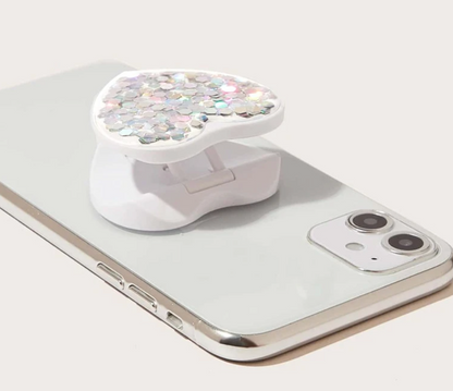 White + Glitter Heart Phone Grip